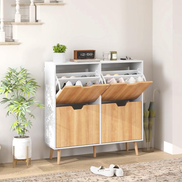 Sapateira para 16 Pares de Sapatos com 4 Gavetas e Prateleiras Ajustáveis 95x26x95 cm Branco e Madeira