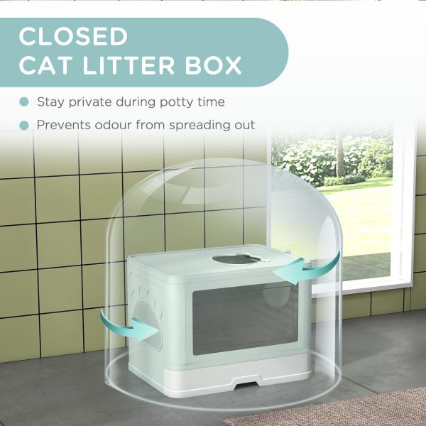 Caixa de Areia para Gatos Amovível com Pá Escova 2 Portas Entrada Principal e Saída Superior 48,5x38x36,5 cm Verde Claro