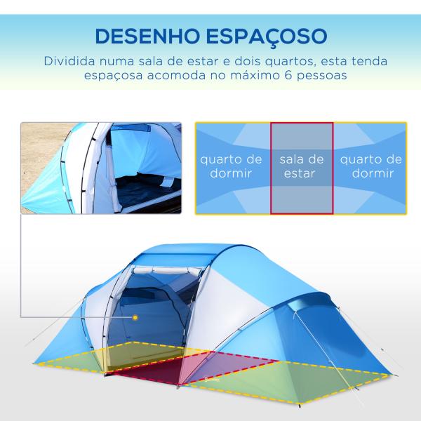 Tenda de Campismo Familiar para 4 Pessoas Tenda Dobrável Impermeável para Praia Parque 430x240x170 cm Azul e Branco