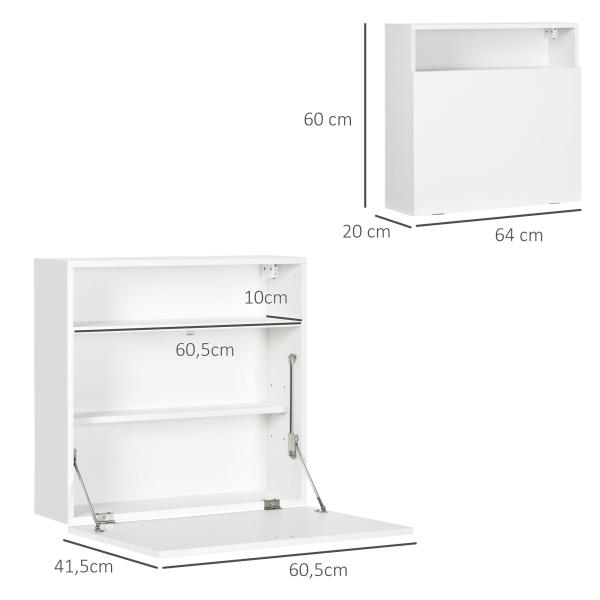 Secretária de Parede Pequena Dobrável com Prateleiras de Armazenamento Multifuncional Moderna para Estúdio Escritório Quarto Branco 64x20x60 cm