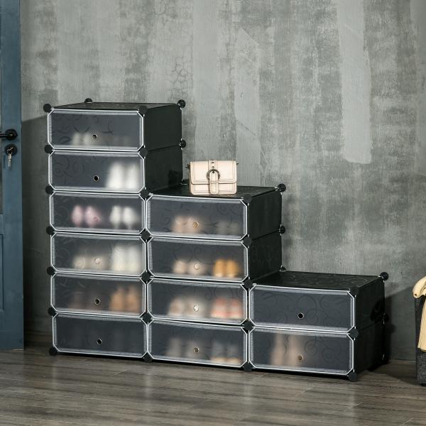 Sapateira Modular de Cubos de Plástico Armário Modular para Sapatos com 12 Cubos com Porta Desenho de DIY 94x37x108 cm Preto