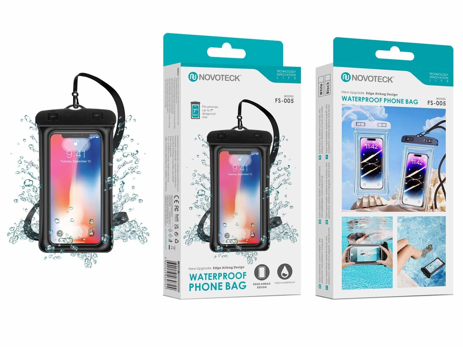Bolsa Impermeável Negro para Telemóvel NOVOTECK FS-005 com Design Flutuante Airbag – Proteção Total até 7”