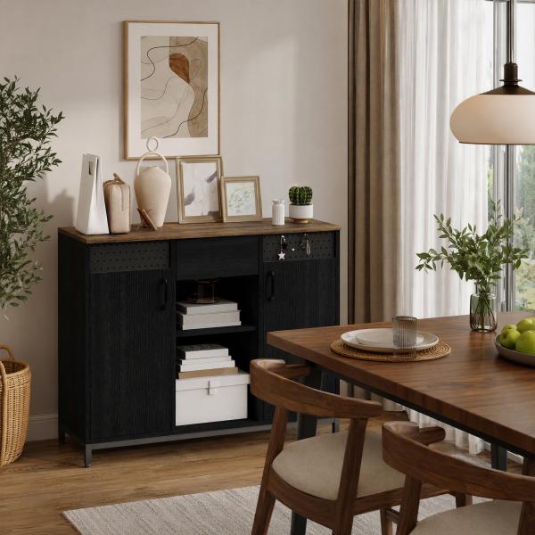 Aparador de 2 Portas com Orifícios 2 Compartimentos e Gaveta Prateleiras Ajustáveis 100x40x80 cm Preto e Castanho Rústico