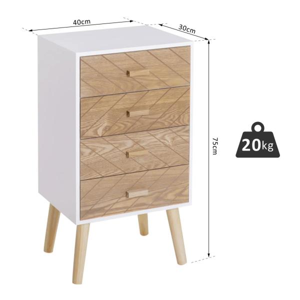 Mesa de Cabeceira com 4 Gavetas Amplo Espaço de Armazenamento para Dormitório 40x30x75 cm Branco e Madeira