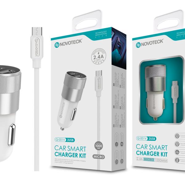 Kit Carregador Automóvel 2.4A 2 USB Branco com Cabo Micro USB Q - 001V