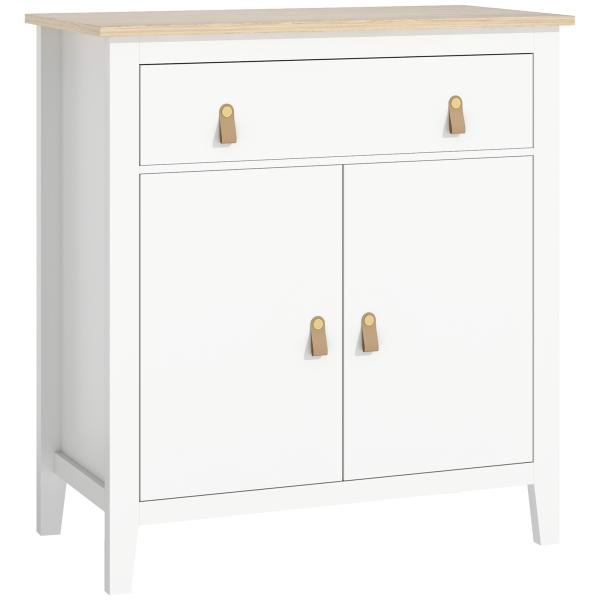 Aparador Sala de Estar Moderno com Gaveta Prateleira Ajustável e Puxadores em PU 80x40x90 cm Branco e Madeira
