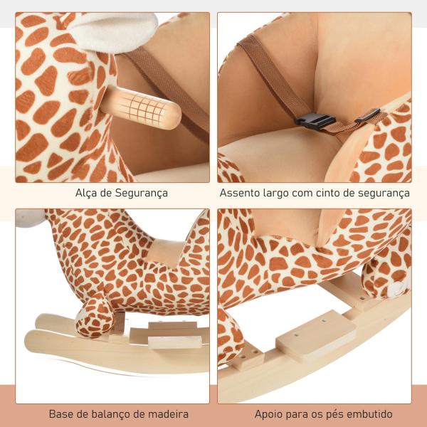 Baloiço para Crianças em Madeira com 32 Canções Cinturão de Segurança Girafa de Pelúcia 60x33x45 cm Marrom Claro