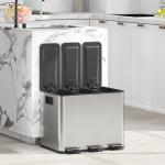 Balde de Lixo de Cozinha com 3 Compartimentos 3x10L com Pedais Tampas com Fechamento Suave e Cubo Amovível 49,6x34,5x38,6 cm Prata