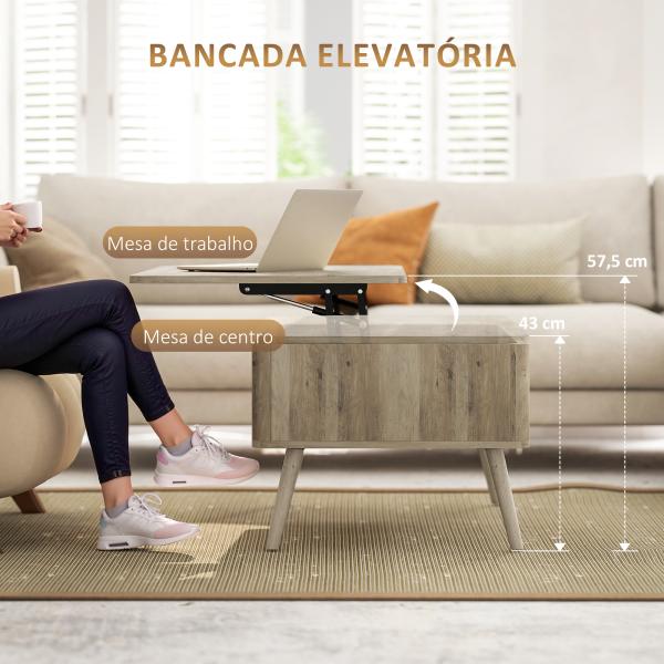 Mesa de Centro Elevatória com Compartimentos Ocultos de Armazenamento e Pés de Pinho 91x56x43 cm Carvalho