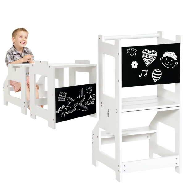 Torre de Aprendizagem para Crianças 3 - 6 Anos de Madeira Torre de Aprendizagem Infantil Convertível em Secretária com Ardósia e Barra de Segurança para Casa de Banho Cozinha 42x44x86cm Branco