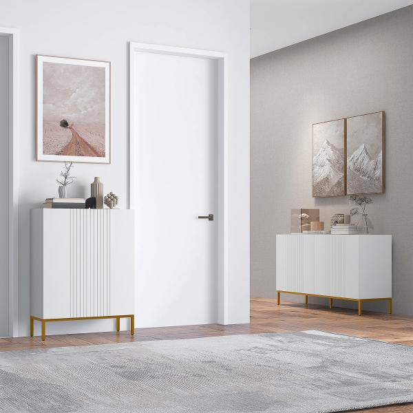 Aparador para Sala com 4 Portas, Prateleiras Ajustáveis e Pés Dourados 140x40x75 cm para Entrada ou Quarto, Branco