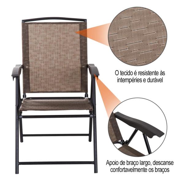 Conjunto de Mesa e 2 Cadeiras Cadeira Dobrável Encosto Reclináveis a 4 Níveis Armação de Aço Marrom
