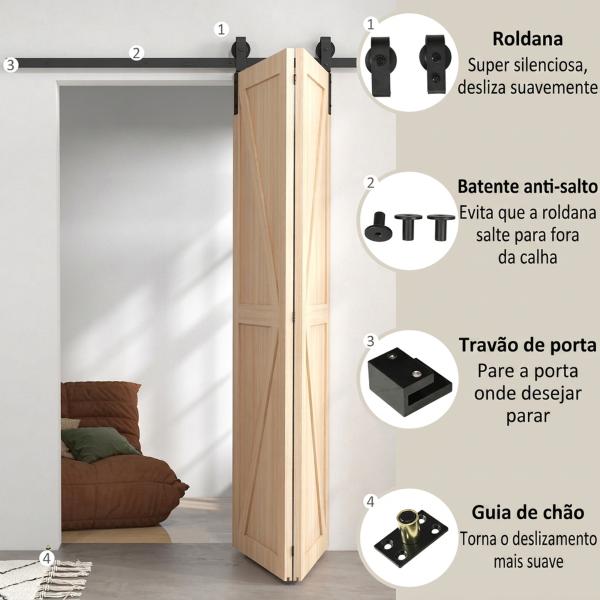 Kit de Ferragens para Porta de Correr Dobrável 122 cm para 2 Portas com Calha, Preto
