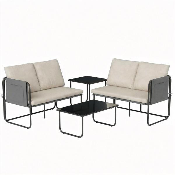 Conjunto de Jardim de 4 Peças Móveis de Exterior com 2 Sofás de 2 Lugares 2 Mesas de Vidro Almofadas Capas Removíveis Preto e Bege