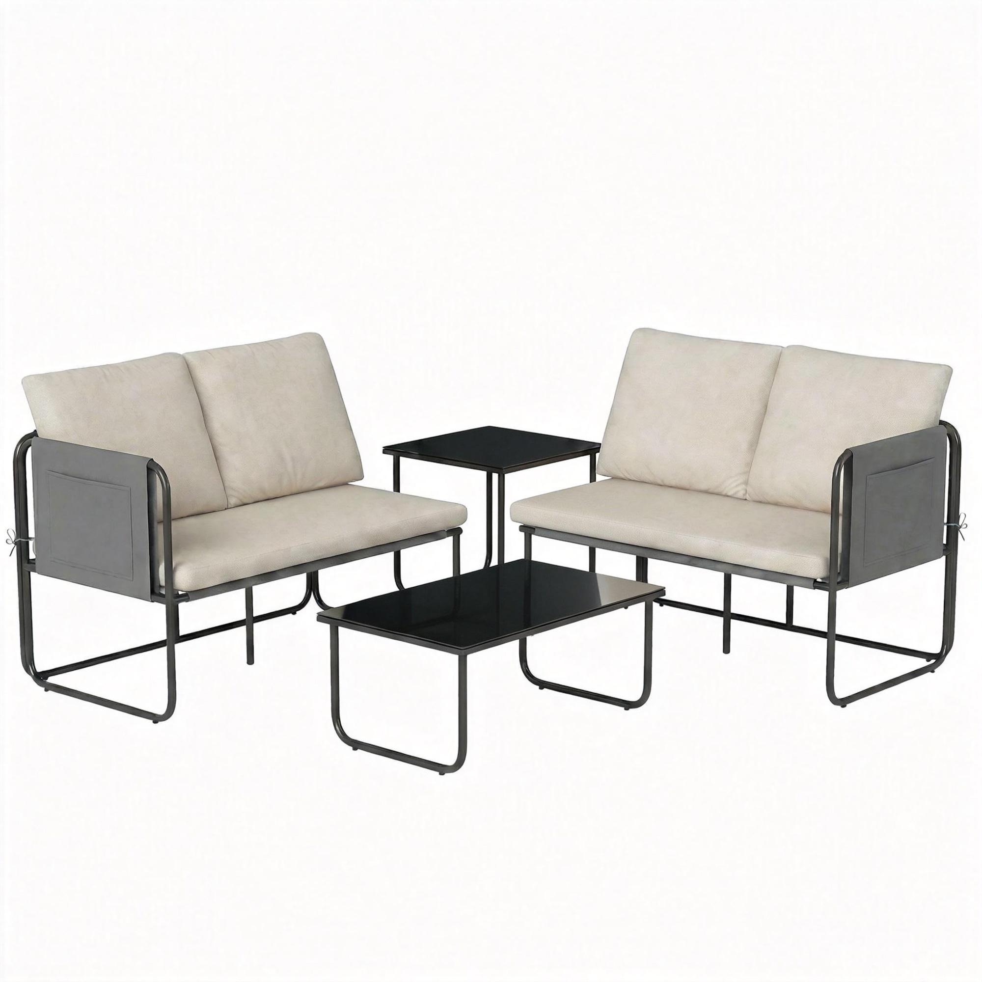 Conjunto de Jardim de 4 Peças Móveis de Exterior com 2 Sofás de 2 Lugares 2 Mesas de Vidro Almofadas Capas Removíveis Preto e Bege