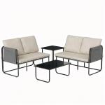 Conjunto de Jardim de 4 Peças Móveis de Exterior com 2 Sofás de 2 Lugares 2 Mesas de Vidro Almofadas Capas Removíveis Preto e Bege