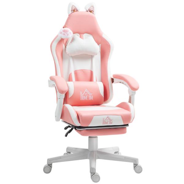 Cadeira Gaming com Orelhas Cadeira Gamer Reclinável com Altura Ajustável e Suporte Lombar 65x62x116 - 124 cm Rosa e Branco