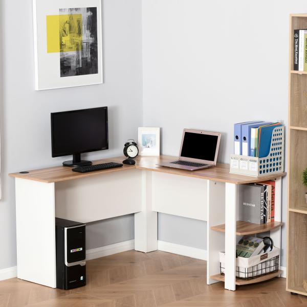 Secretária de Canto 136x130x72 cm com Prateleiras Mesa de Computador em Forma de L para Escritório Casa Branco e Madeira