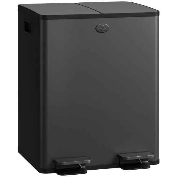 Papeleira de Cozinha em Aço Inoxidável com 2 Compartimentos 2x20L Pedal, Tampas de Fecho Suave e Balde Removível Preto