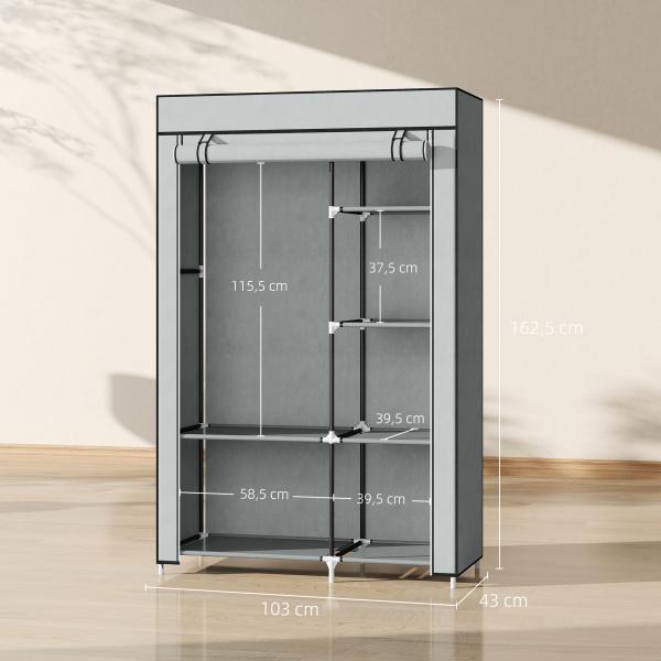 Roupeiro de Tecido Dobrável com 6 Prateleiras e 1 Barra de Pendurar para Dormitório Vestidor 103x43x162,5cm Cinza