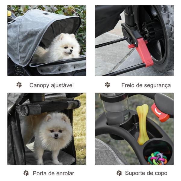 Carrinho de animais de estimação dobrável com rodas Correias de segurança e cesto de armazenamento 109,5x57,5x106,5 cm Cinza e preto