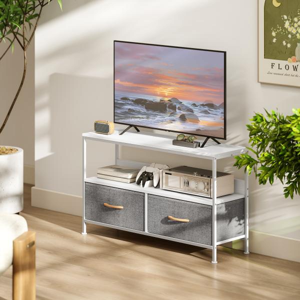Móvel de TV com Prateleira e 2 Gavetas de Tecido Dobráveis para Televisores até 47 Polegadas 98x29x56 cm Branco e Cinza