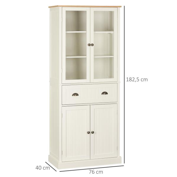 Armário de Cozinha com 2 Portas de Vidro 1 Gaveta e Prateleira Ajustável Móvel Auxiliar de Cozinha 76x40x182,5cm Creme