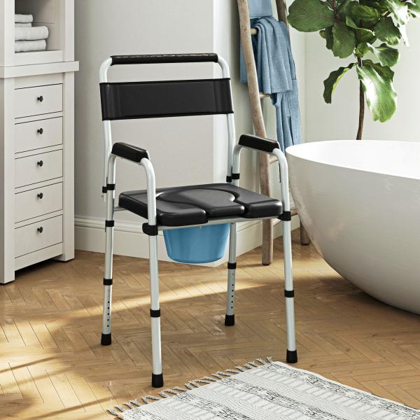 Cadeira Sanita para Pessoas Maiores Dobrável com Altura Ajustável Cubo e Almofadas Antiderrapantes 52,5x46x81,5 - 97 cm Preto