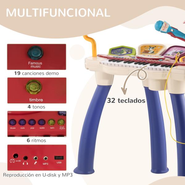 Piano Eletrónico para Crianças com 32 Teclas Microfone Banco Luzes 19 Músicas e Bateria 74x32,2x71 cm Multicor
