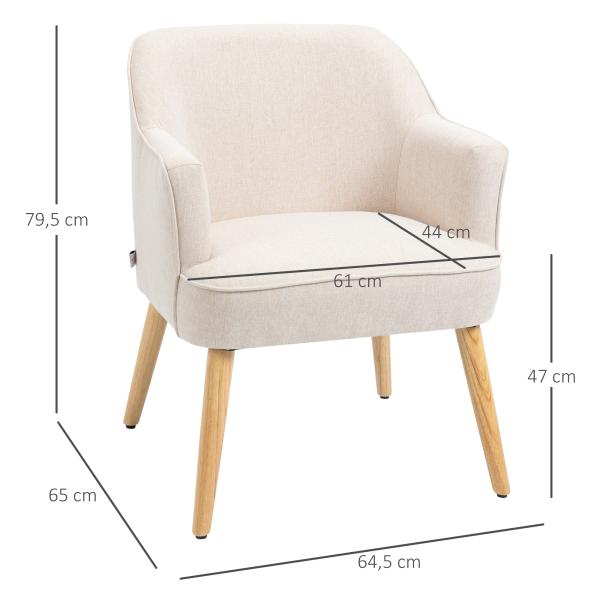 Poltrona Estilo Nórdico Estofada em Linho com Pés de Madeira para Dormitório Escritório Estúdio 64,5x65x79,5 cm Creme
