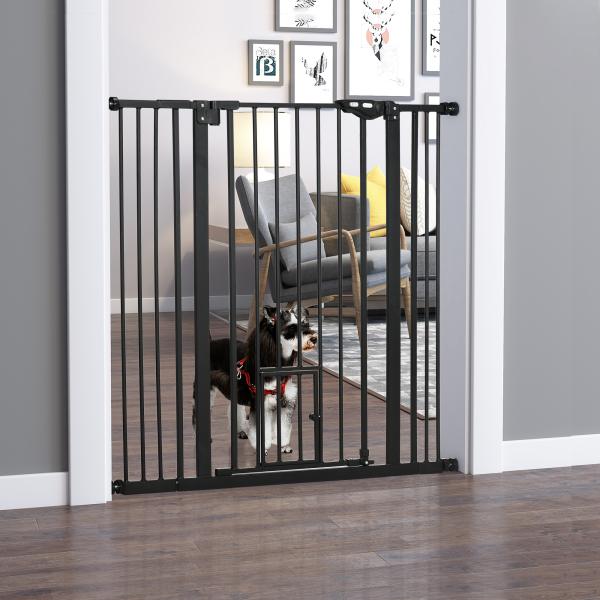 Barreira de Segurança para Cães com Porta Pequena Fechamento Automático e Sistema Duplo de Bloqueio 74 - 101x104,1 cm Preto