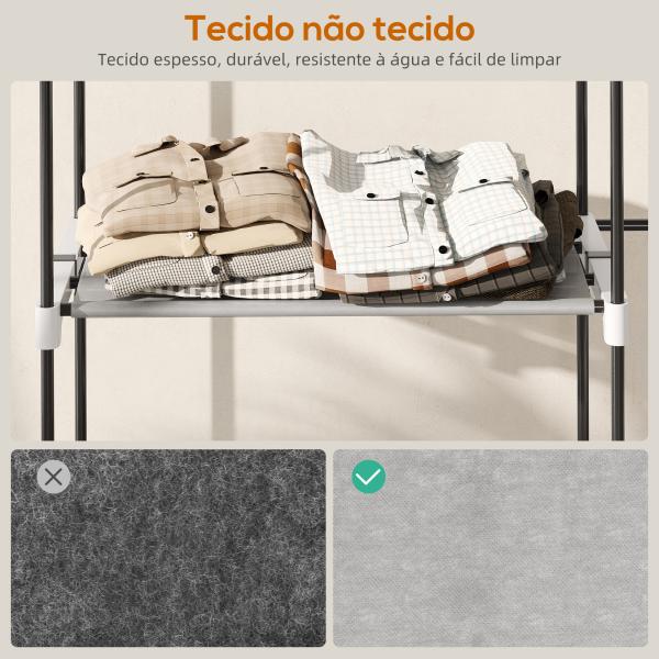 Armário de Roupa Aberto 142x43x185 cm Armário para Roupas com 4 Prateleiras de Tecido 3 Barras para Pendurar Cinzento
