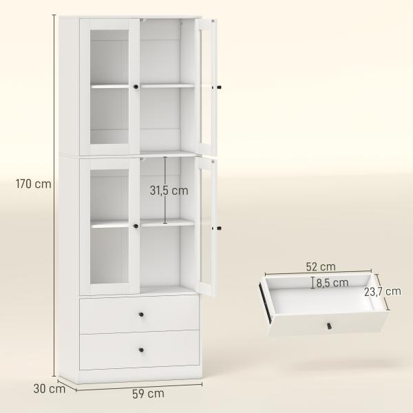 Armário de Cozinha Alto Móvel Auxiliar de Cozinha com 4 Portas de Vidro 2 Gavetas Prateleiras Ajustáveis 59x30x170 cm, Branco
