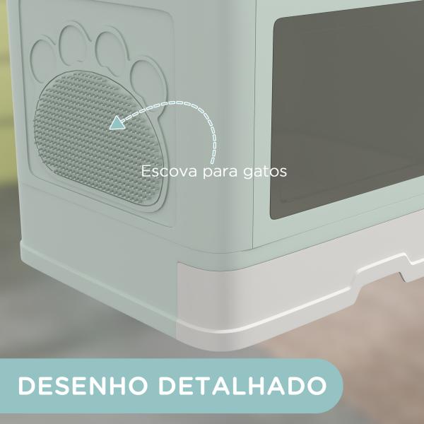 Caixa de Areia para Gatos Amovível com Pá Escova 2 Portas Entrada Principal e Saída Superior 48,5x38x36,5 cm Verde Claro