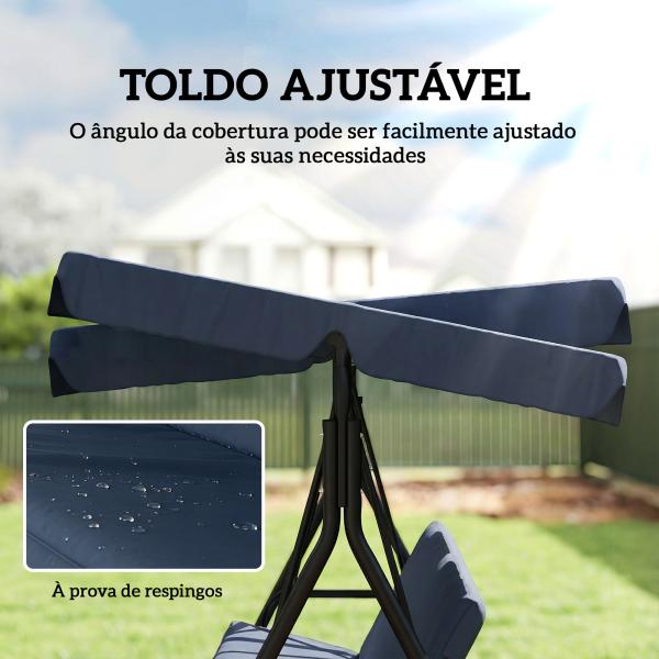 Baloiço de Jardim Exterior de 3 Lugares com Toldo Ajustável e Estrutura de Aço 172x118x153 cm Azul - Marinho