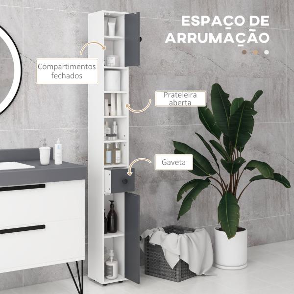 Coluna Casa de Banho Moderna com 1 Gaveta 5 Prateleiras Ajustáveis e 2 Armários 20x20x180 cm Cinza
