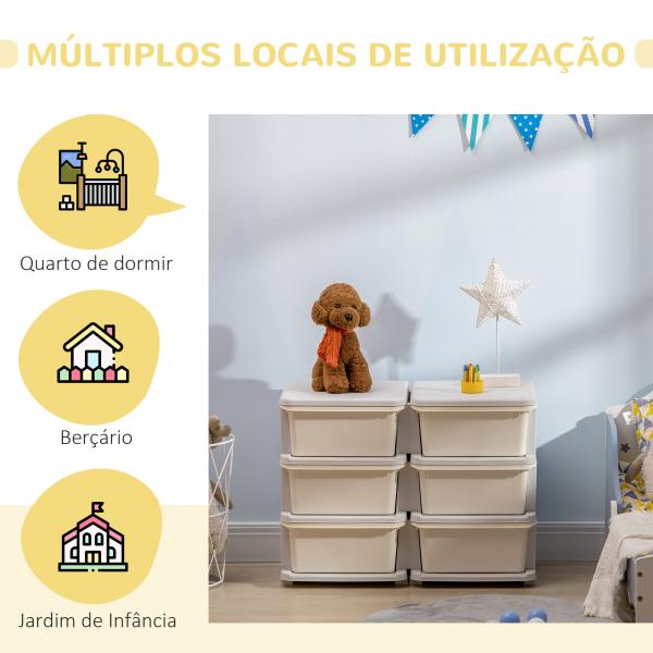 Organizador de Brinquedos com 6 Gavetas para Crianças com Bordas Arredondadas e Pegas 75x37x56,5 cm Creme e Cinza