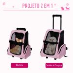 Transportadora 2 em 1 para Animais de Estimação Mochila ou Carrinho de Viagem para Cães e Gatos com 2 Rodas Alça Retrátil de Alumínio e Bolso de Armazenamento 42x25x55cm Rosa