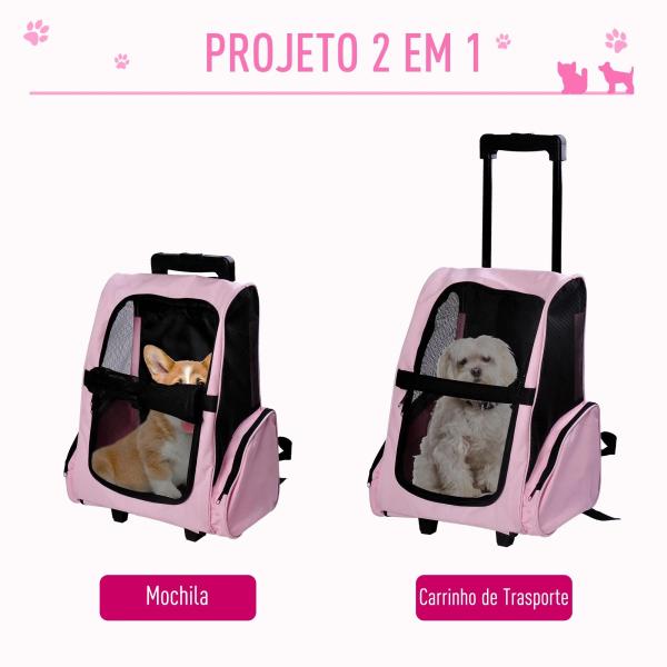 Transportadora 2 em 1 para Animais de Estimação Mochila ou Carrinho de Viagem para Cães e Gatos com 2 Rodas Alça Retrátil de Alumínio e Bolso de Armazenamento 42x25x55cm Rosa