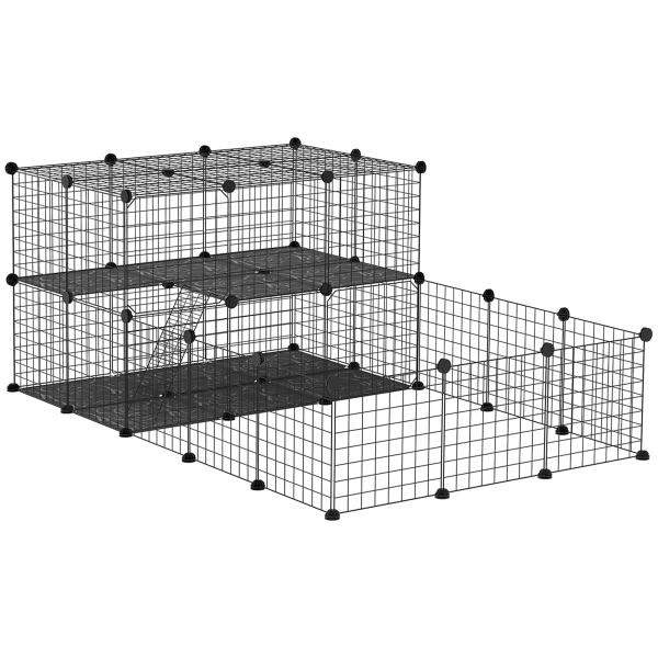 Recinto para Pequenos Animais Recinto Metálico para Animais com Forma Personalizável para Coelhos Porquinho da Índia 175x105x70 cm Preto