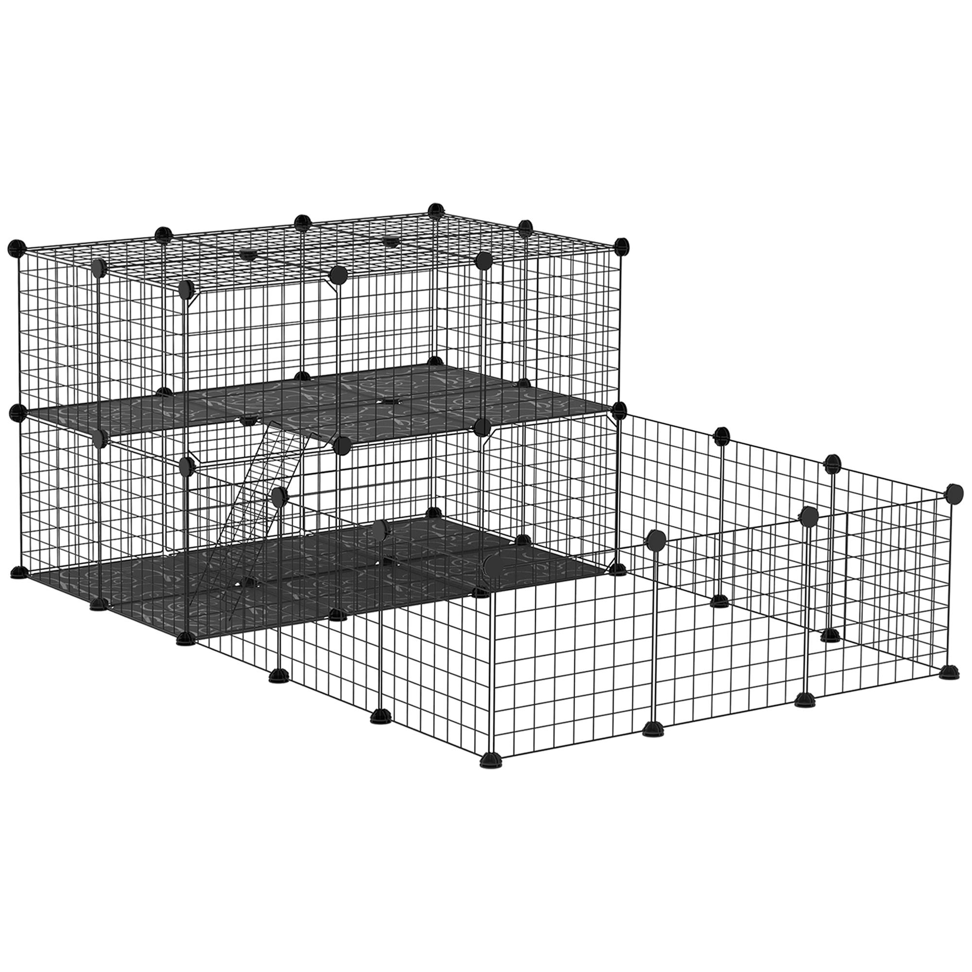 Recinto para Pequenos Animais Recinto Metálico para Animais com Forma Personalizável para Coelhos Porquinho da Índia 175x105x70 cm Preto