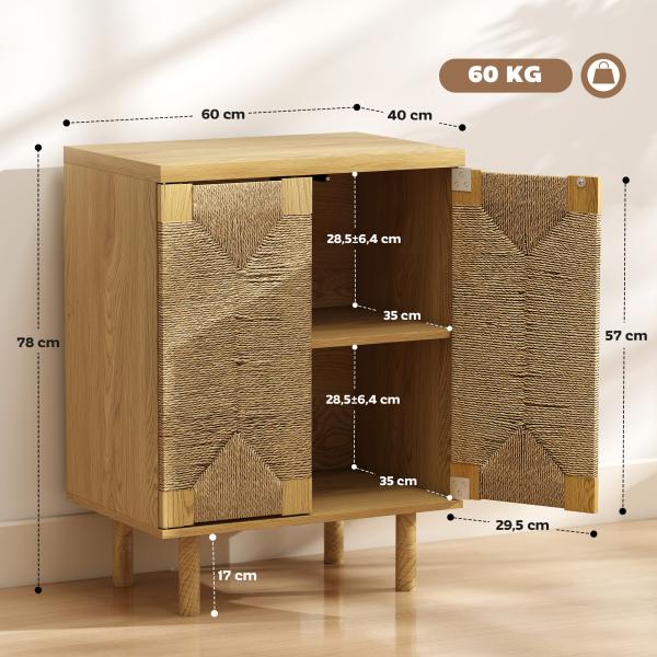 Aparador Boémio de 2 Portas com Corda Tecida à Mão Prateleira Ajustável Abertura por Pressão 60x40x78 cm Carvalho