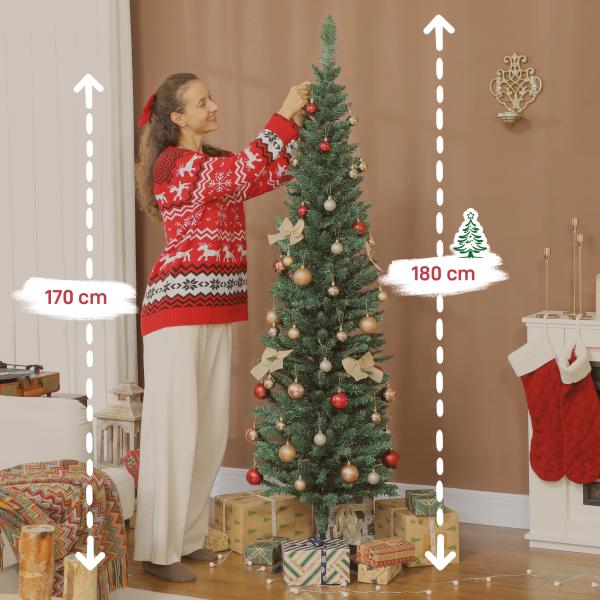 Árvore de Natal Slim 180 cm Árvore de Natal Artificial com 321 Ramos Suporte Metálico Decoração para Interior Verde