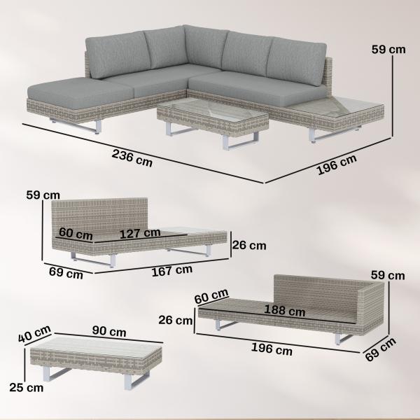 Conjunto de Jardim em Vime de 3 Peças com Sofás Modulares de 3 e 2 Lugares Mesa Lateral e Mesa de Centro Cinzento