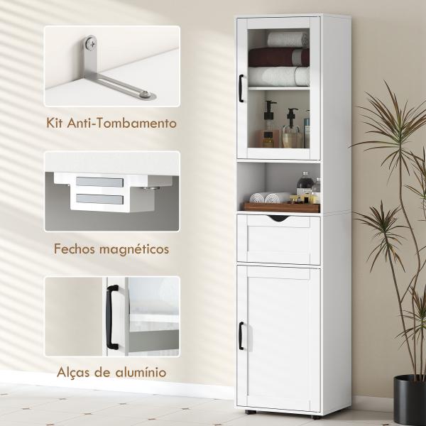 Coluna Casa de Banho com Porta de Vidro Prateleiras Ajustáveis Gaveta e Prateleira Aberta 40x30x165 cm Branco
