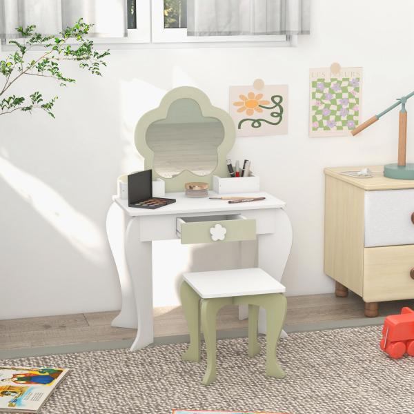 Toucador Crianças com Espelho e Banco Toucador de Maquilhagem para Crianças de 3 - 6 Anos 55x34x87,5 cm Branco e Verde Pastel