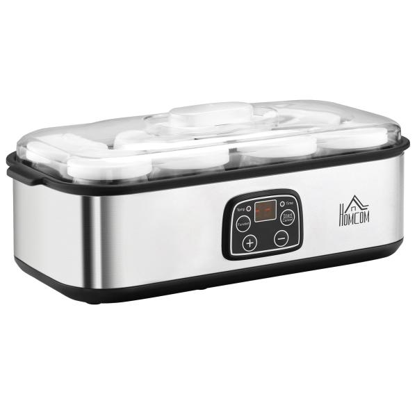 Iogurteira 30W Volume 1,44L com 8 Frascos de Cristal de 180ml Termostato Ajustável Temporizador de 1 - 48 Horas e Desligado Automático 36x18,8x14cm Prata