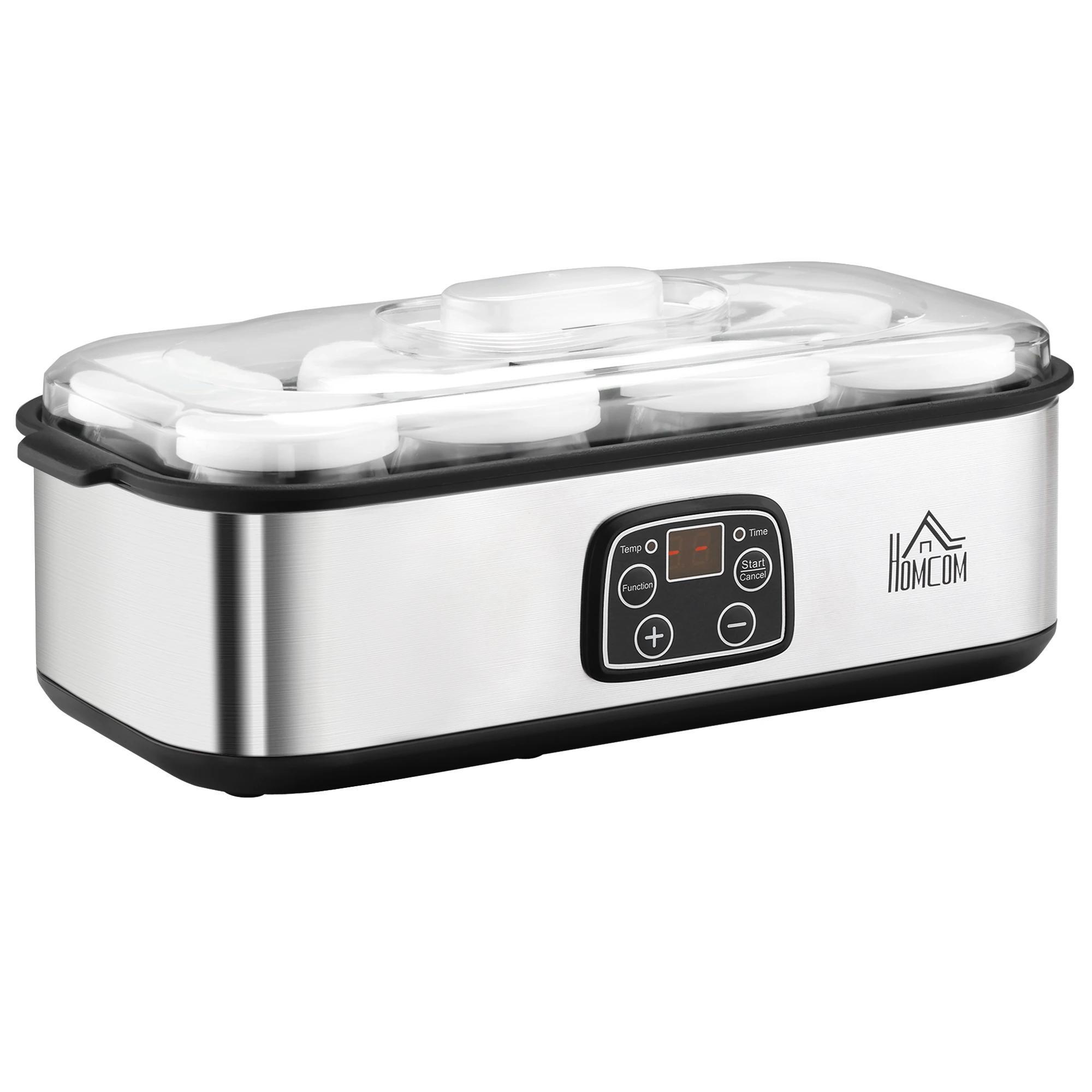 Iogurteira 30W Volume 1,44L com 8 Frascos de Cristal de 180ml Termostato Ajustável Temporizador de 1 - 48 Horas e Desligado Automático 36x18,8x14cm Prata