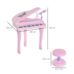 Piano para Crianças com 37 Teclas Microfone Banco Luzes 22 Músicas e Entrada para MP3 e USB 48x39x69 cm Rosa