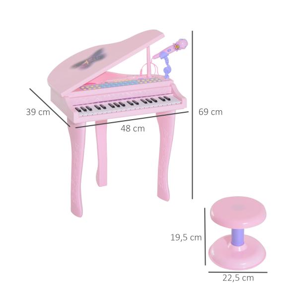 Piano para Crianças com 37 Teclas Microfone Banco Luzes 22 Músicas e Entrada para MP3 e USB 48x39x69 cm Rosa